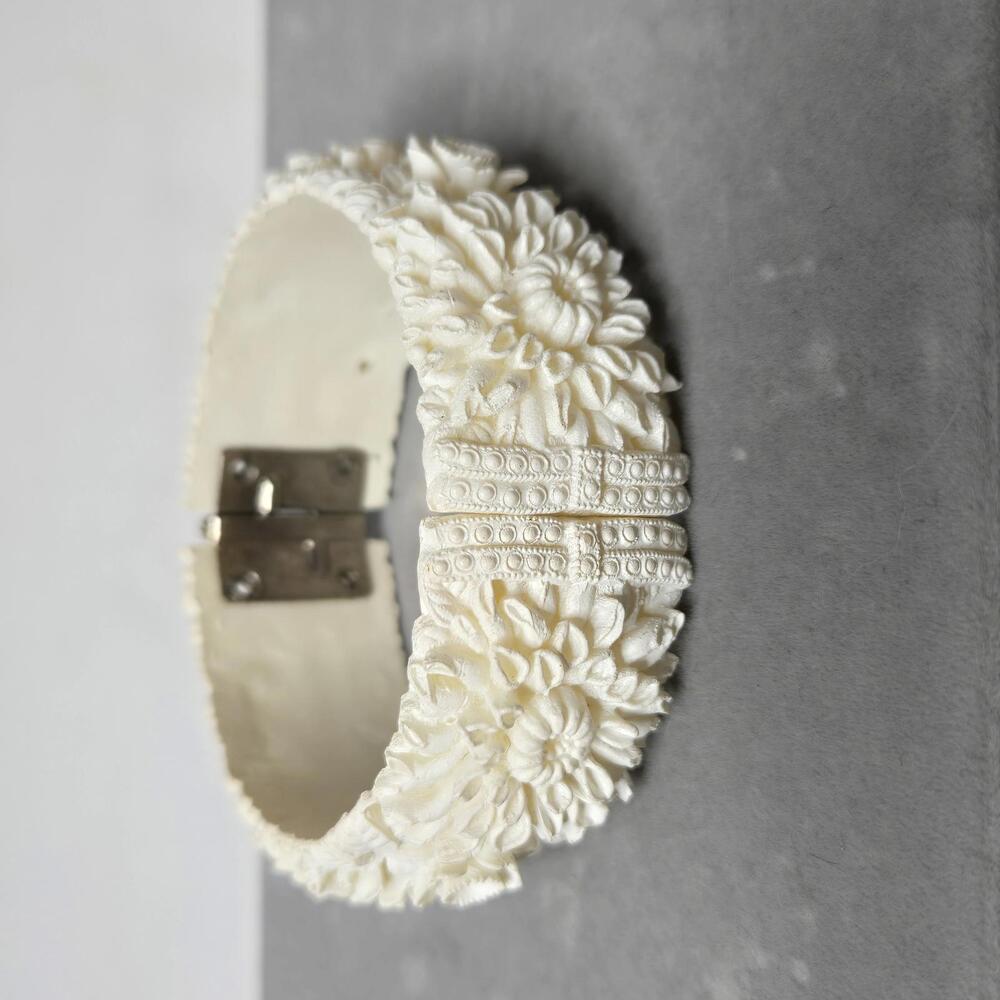 Vintage 1930s Carved Celluloid Floral Hinged Bangle Bracelet Ivory Tone Art Deco